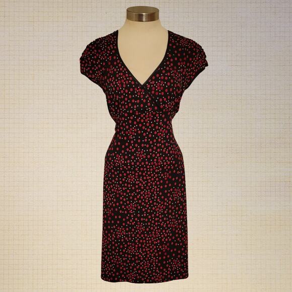 Y2K Polka Dot Stretch Knit Dress Deep V-Neck City Triangles Medium Tie Waist - Picture 1 of 8